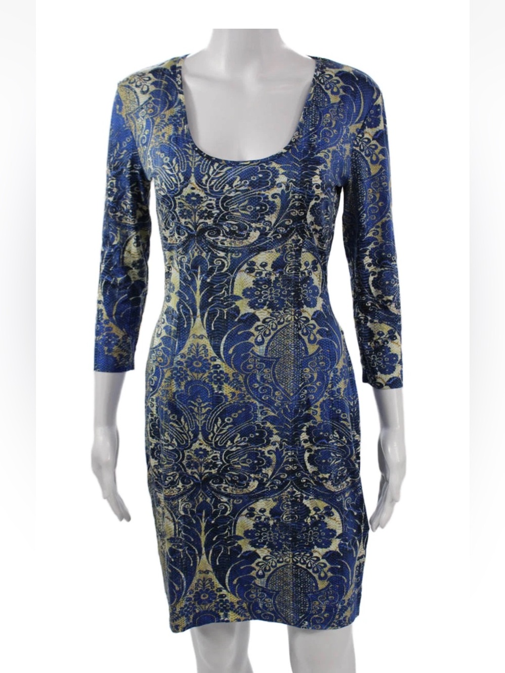 Roberto Cavalli Blue and Cream Scoop Neck body-con mini dress M